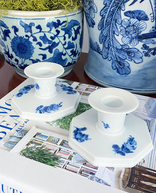Delightful Pair of Royal Copengahen Blue Flowers Candle Holders